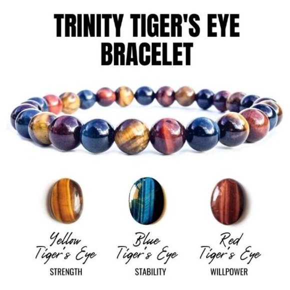 10mm Trinity Tiger's Eye Courage, Luck, Calming Stretch Bracelet - Picture 3 of 9